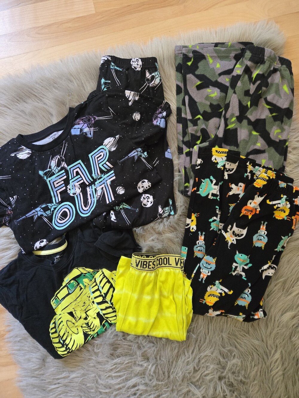 Boys Assorted Pajama Lot 2 Pants, One Space Set, Neon Shorts, Monster Truck Top